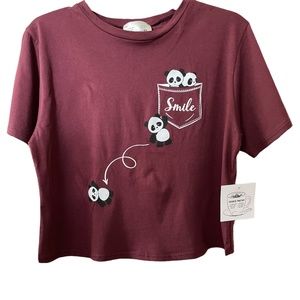French Pastry Panda Bear Crop Top Burgundy Large  NWT